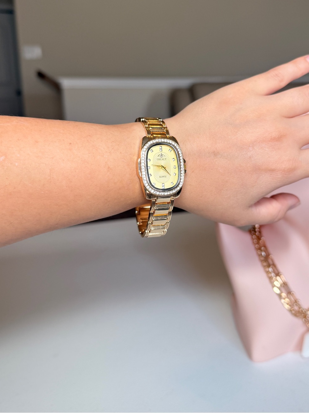 Gold Tone Women's Bracelet Watch with Crystal Accent